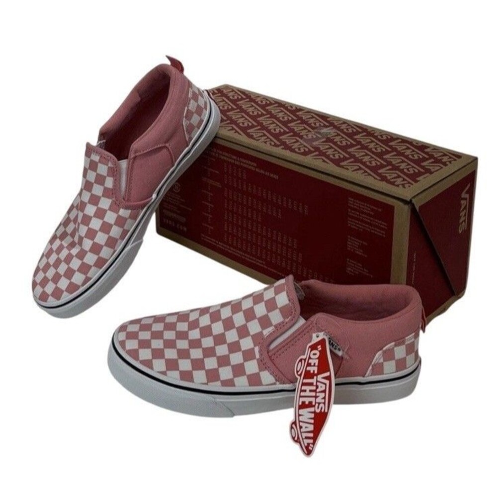 NEW Vans Asher Youth Slip On Shoe Sneaker Checkerboard Light Powder Pink Pastel